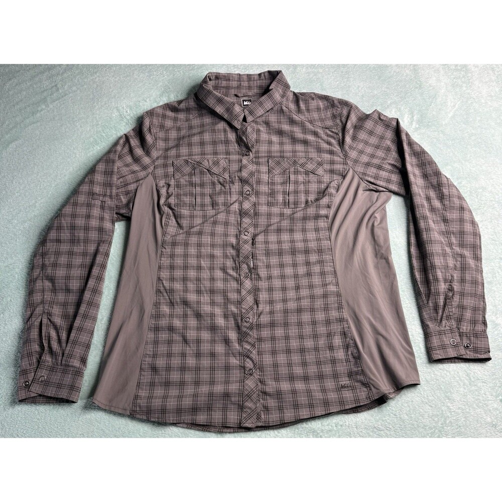 REI Camp Shirt Womens XL Outdoor Hiking Gray Snaps Plaid Nylon Spandex